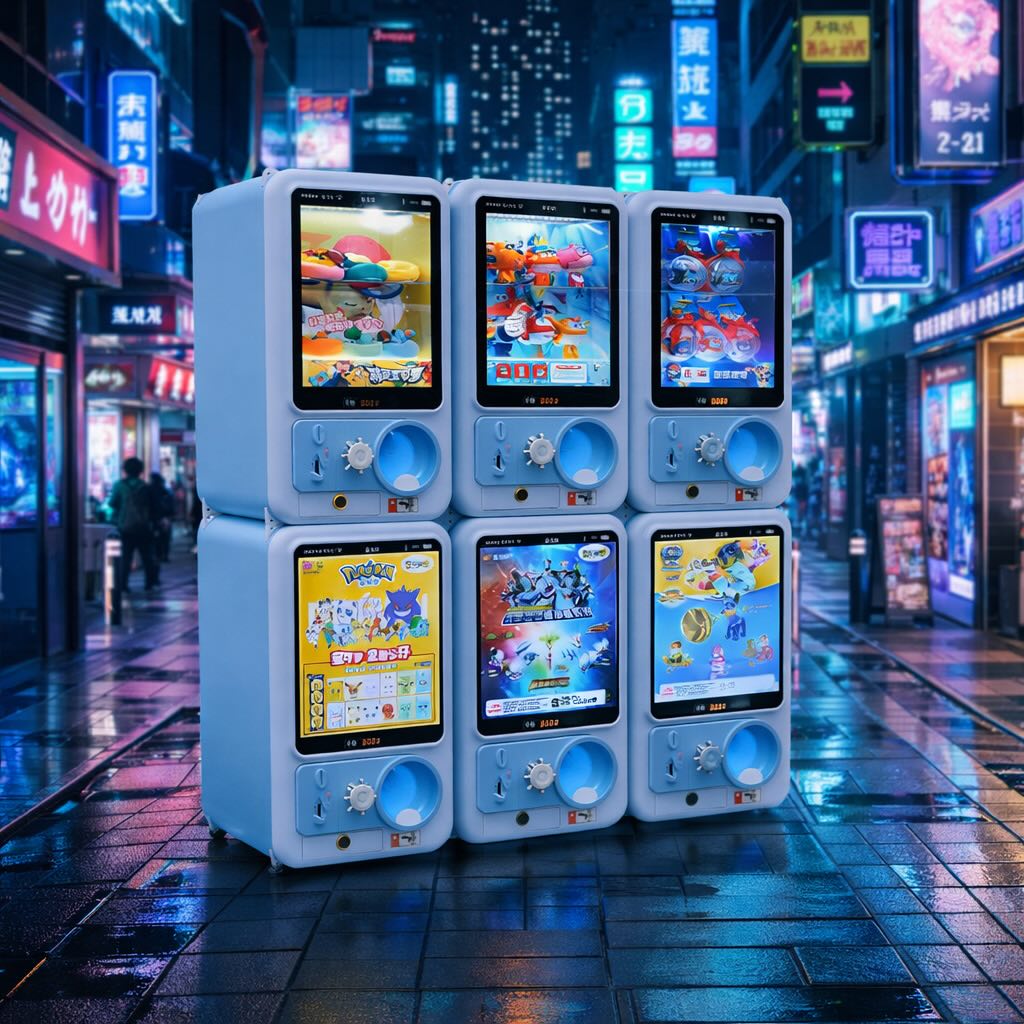 Machines gachapon modernes en bleu, rose et jaune avec design futuriste